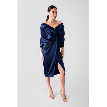 Rochie midi drapata cu decolteu in V - Albastru inchis