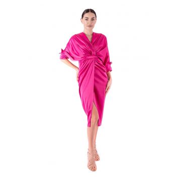Rochie midi drapata cu maneci 3/4 - Fucsia