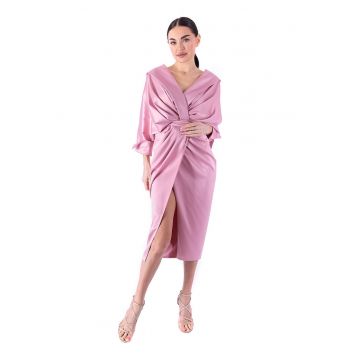 Rochie midi drapata cu maneci 3/4 - Roz bombon