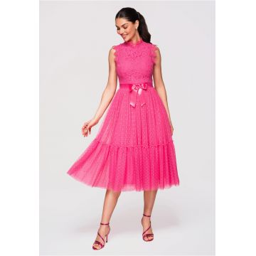 Rochie Midi Eleganta cu Dantela Florala si Croi Cloche pentru Evenimente Speciale - Fucsia