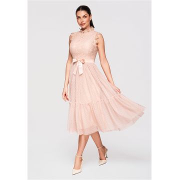 Rochie Midi Eleganta cu Dantela Florala si Croi Cloche pentru Evenimente Speciale - Nude