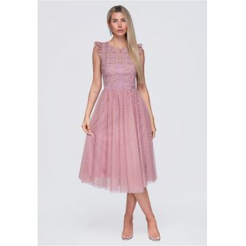 Rochie midi eleganta cu decolteu rotund si detalii din dantela LA-OM-DLR423 - Roz -