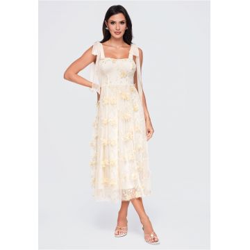 Rochie midi eleganta - de ocazie - cu aplicatii florale si strat exterior de tul vaporos - Crem
