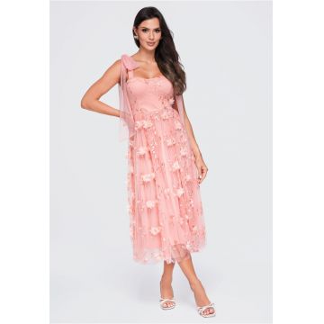 Rochie midi eleganta - de ocazie - cu aplicatii florale si strat exterior de tul vaporos - Roz