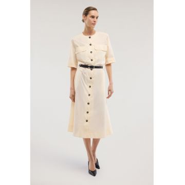 Rochie midi evazata cu nasturi si o curea in talie - Bej deschis