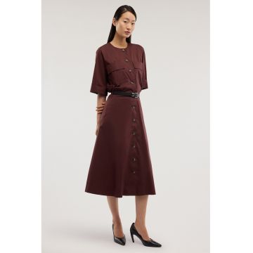 Rochie midi evazata cu nasturi si o curea in talie - Maro cognac