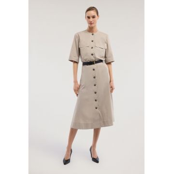 Rochie midi evazata cu nasturi si o curea in talie - Maro taupe deschis