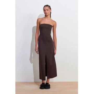 Rochie Midi  Fara Bretele cu Slit - Maro Cafea - Bumbac - Poliamida - Elastan