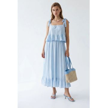 Rochie Midi Fara Maneci  Albastru Deschis - Poliester - Detalii Volanase