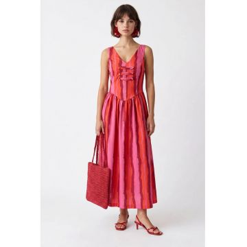 Rochie Midi Femei  Multicolor - Casual - Detalii cu snur - Poliester-Elastan