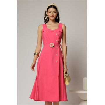 Rochie midi fucsia din poplin cu nasturi si curea in talie