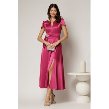 Rochie midi fucsia din satin cu aplicatie in talie si decolteu adanc