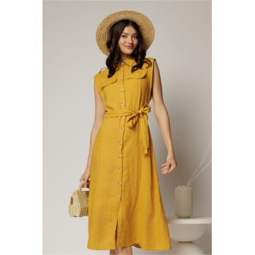 Rochie midi galben mustar din bumbac fara maneci cu cordon in talie