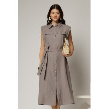 Rochie midi gri din bumbac fara maneci cu cordon in talie