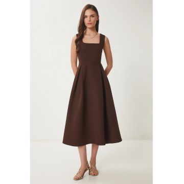 Rochie midi - Happiness Istanbul - guler patrat - fermoar - maro mocha - poliester -