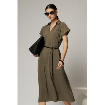 Rochie midi kaki de vara din modal cu decolteu V si cordon in talie.