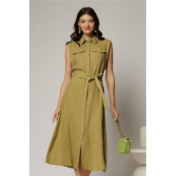 Rochie midi kaki din bumbac fara maneci cu cordon in talie