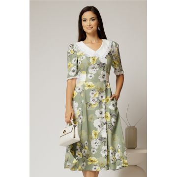 Rochie midi kaki din vascoza cu imprimeu floral si guler alb brodat