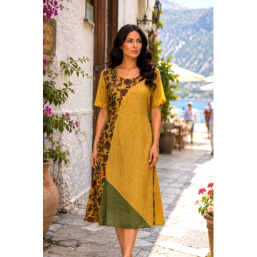 Rochie midi mustar in stil boho cu imprimeu floral
