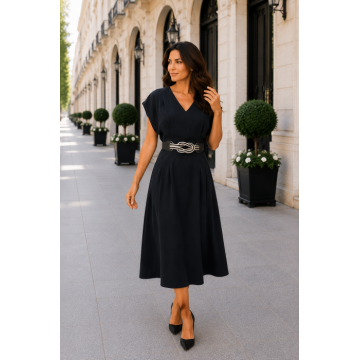 Rochie midi neagra cu decolteu in V si curea in talie