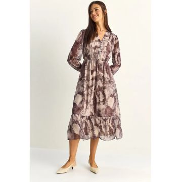 Rochie Midi  Paisley - decolteu in V - bej natural - maneca lunga - 100% poliester