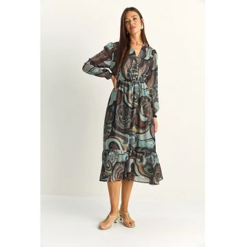 Rochie Midi  Paisley - Verde Kaki - Maneca Lunga - 100% Poliester