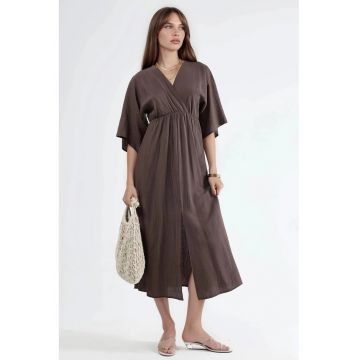 Rochie midi -  petrecuta - decolteu in V - maneci trei sferturi - maro - poliester