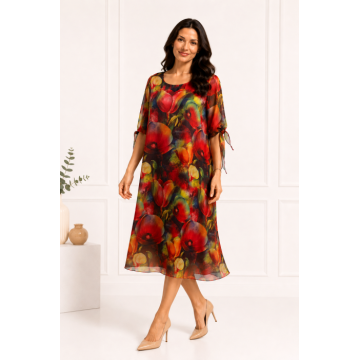 Rochie midi rosie cu imprimeu floral si maneci vaporoase