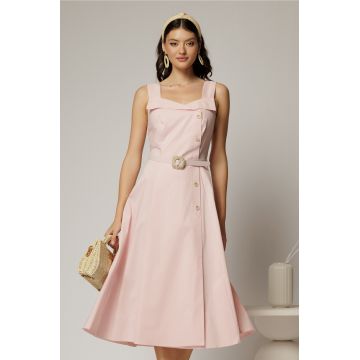 Rochie midi roz din poplin cu nasturi si curea in talie