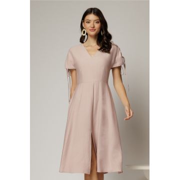 Rochie midi roz din viscoza cu decolteu V si snur la maneci