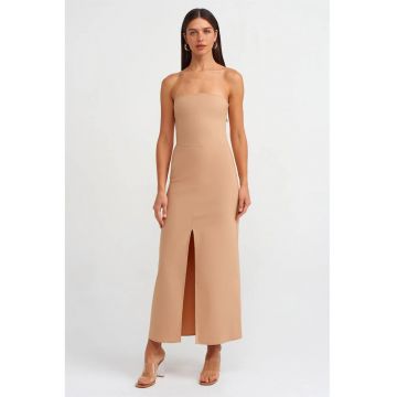 Rochie Midi -  Stramta - Bej Natural - Fara Bretele - Cu Slit - Bumbac - Poliamida - Elastan