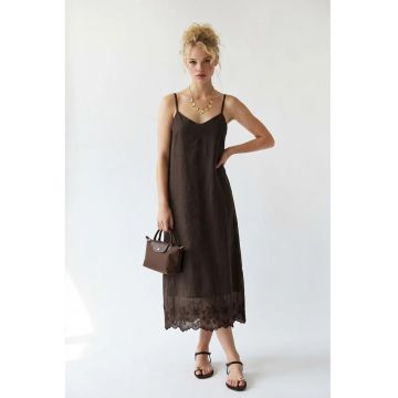 Rochie midi -  tip A - broderie - maro cafea - lyocell-poliester