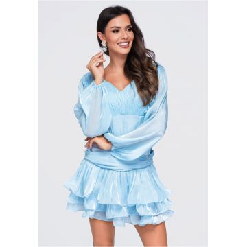 Rochie mini cu decolteu in V - talie ajustata si maneci bufante LA-OM-DLR432 - Albastru -