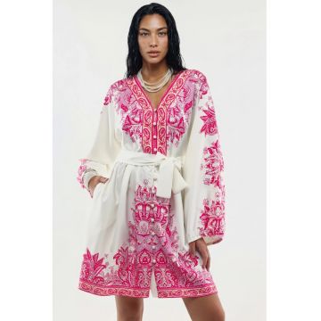 Rochie Mini -  cu imprimeu Paisley - alb - casual - maneca lunga - decolteu in V - cu cordon