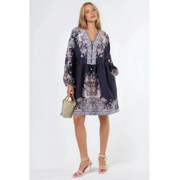 Rochie Mini -  cu imprimeu Paisley - neagra - maneca lunga - decolteu in V - cu curea