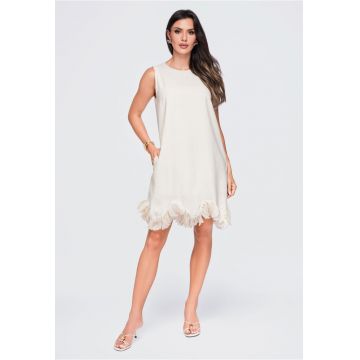 Rochie mini dama cu decolteu rotund - fason trapez - aplicatii florale LA-OM-DLR433 - Bej -