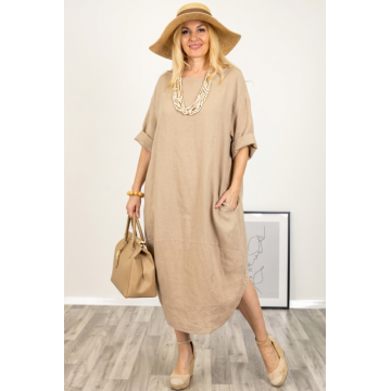 Rochie oversize lalea cu crapatura rotunjita, din in, bej