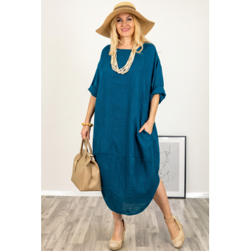 Rochie oversize lalea cu crapatura rotunjita, din in, turcoaz inchis