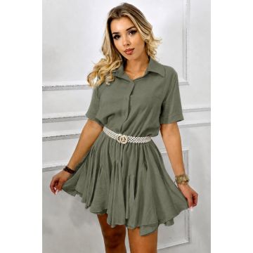 Rochie scurta, casual Peony, cu volane si revere, Kaki, Marime S/M