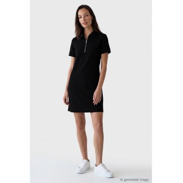 Rochie scurta cu guler polo si fenta cu fermoar - Negru