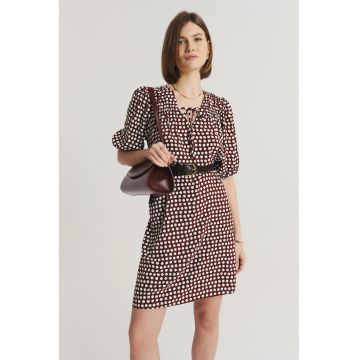 Rochie scurta cu maneci bufante - Visiniu/Alb optic