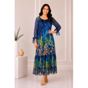 Rochie albastra inchis de vara din matase naturala cu imprimeu abstract