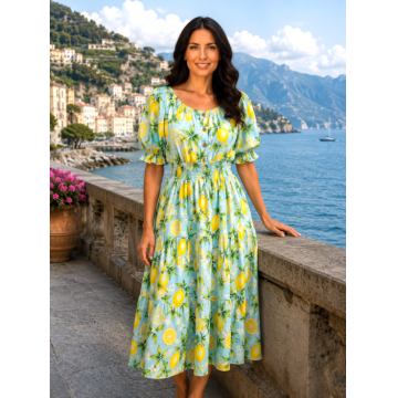 Rochie bleu scurta de vara imprimata cu lamai