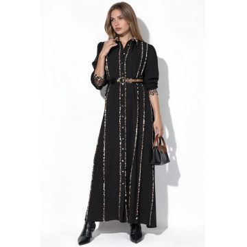 Rochie camasa Maxi -  imprimeu leopard - negru - maneca lunga - poliester
