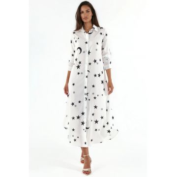 Rochie camasa maxi -  imprimeu text - multicolor - poliester si lycra
