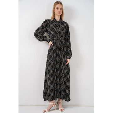 Rochie camasa Midi -  carouri - negru - 100% viscoza -