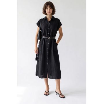 Rochie Camasa Midi cu Cordon  Negru - Poliester - Maneci Scurte