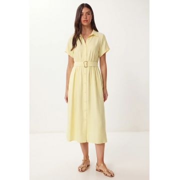 Rochie camasa midi - Happiness Istanbul - galben lamaie - bumbac-poliester - cu cordon