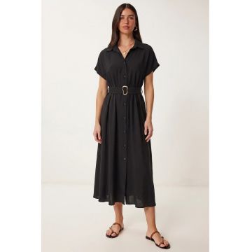 Rochie camasa midi - Happiness Istanbul - negru - bumbac-poliester - cu curea - maneci scurte