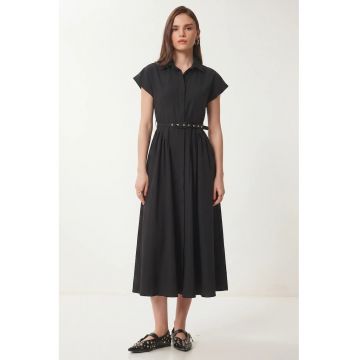 Rochie camasa midi - Happiness Istanbul - negru - cu curea - poplin bumbac-poliester
